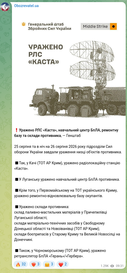 Screenshot of a Telegram post: ❗️The Kasta radar, a UAV training center, a repair base, and enemy warehouses…