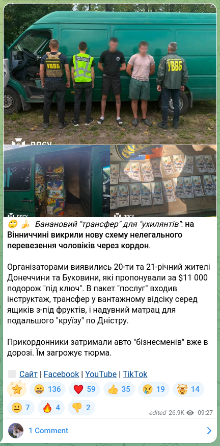Screenshot of a Telegram post: 🙄🍌 Banana "transfer" for draft dodgers: in Vinnytsia region a new scheme for…