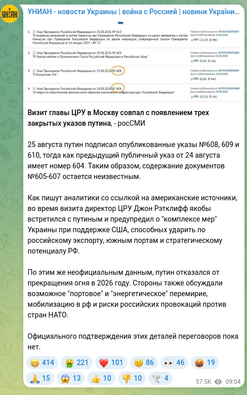 Скріншот Telegram-публікації: Визит главы ЦРУ в Москву совпал с появлением трех закрытых указов путина, - рос…