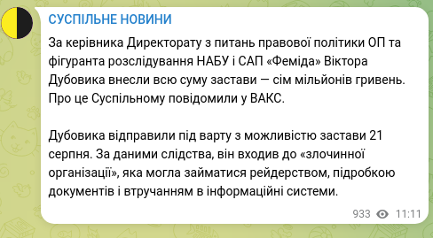 Скріншот Telegram-публікації: Дубовик Віктор Вікторович — За керівника Директорату з питань правової політики ОП та фігурант…