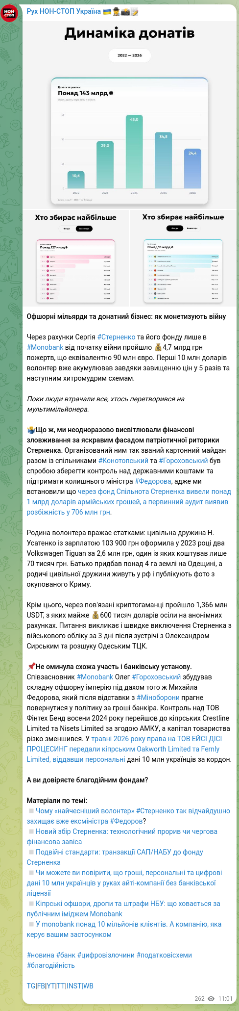 Скріншот Telegram-публікації: Стерненко Сергій В'ячеславович — Офшорні мільярди та донатний бізнес: як монетизують війну Чер…