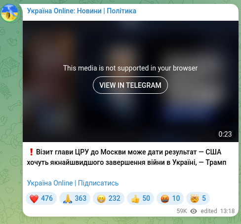 Screenshot of a Telegram post: ❗️A visit by the CIA director to Moscow could produce results — the U.S. wants…