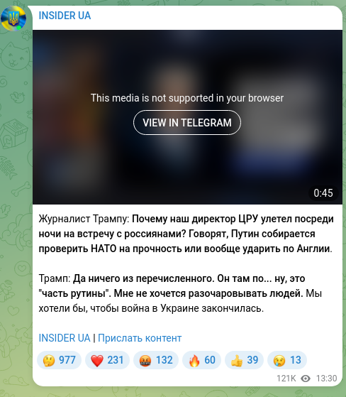 Screenshot of a Telegram post: Journalist to Trump: Why did our CIA director fly off in the middle of the nigh…