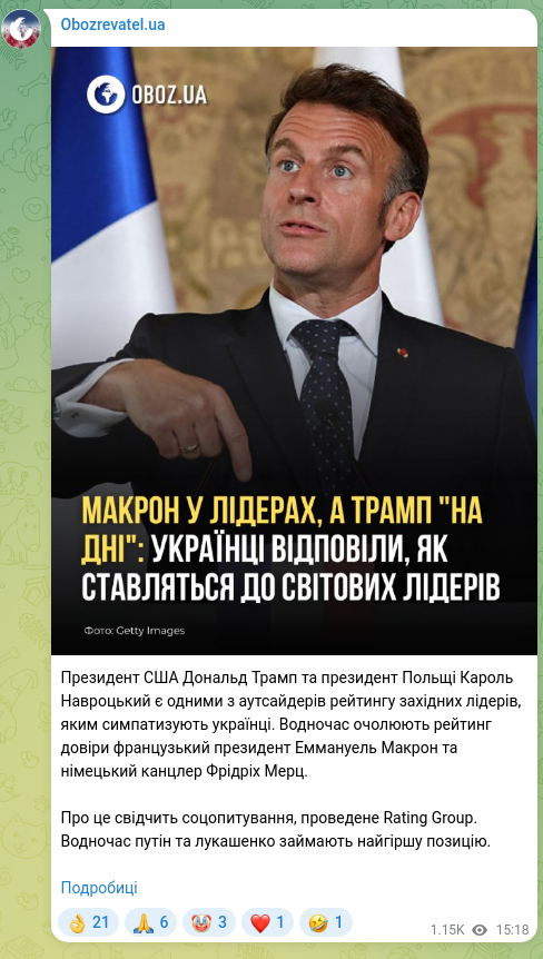Screenshot of a Telegram post: U.S. President Donald Trump and Polish President Karol Nawrocki are among the o…