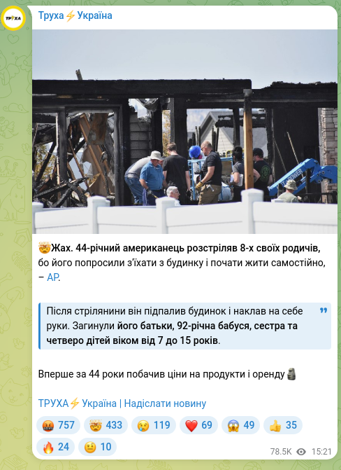 Скріншот Telegram-публікації: 🤯Жах. 44-річний американець розстріляв 8-х своїх родичів, бо його попросили з'…