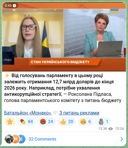 Screenshot of a Telegram post: Pidlasa Roksolana Andriivna — ⚡️The receipt of 12,7 billion dollars by the end of 2026 year…