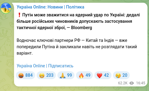 Скріншот Telegram-публікації: ❗️Путін може зважитися на ядерний удар по Україні: дедалі більше російських чи…