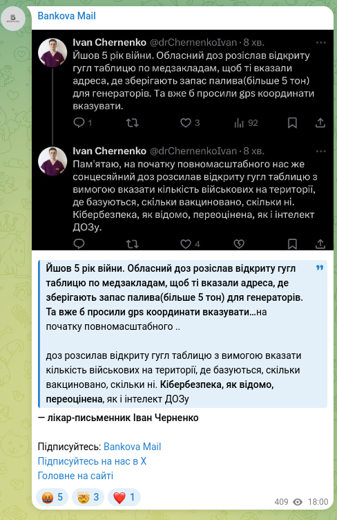 Screenshot of a Telegram post: A year of war had passed 5. The regional health department sent an open Google…