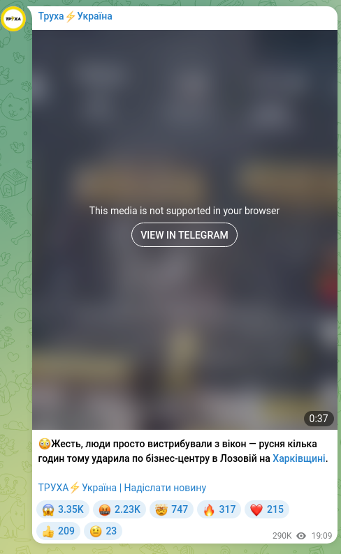Скріншот Telegram-публікації: 😳Жесть, люди просто вистрибували з вікон — русня кілька годин тому ударила по…