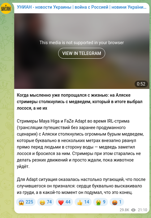Screenshot of a Telegram post: When you’ve mentally already said goodbye to life: in Alaska streamers encounte…