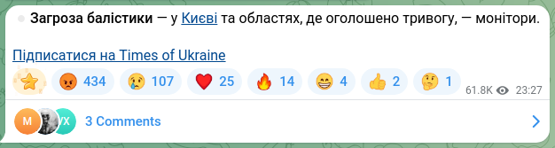 Скріншот Telegram-публікації: ⏺Загроза балістики — у Києві та областях, де оголошено тривогу, — монітори. Під…