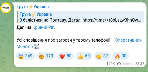 Скріншот Telegram-публікації: Далі на Кривий Ріг. Усі сповіщення про загрози у твоєму телефоні! – Оперативний…