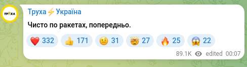Screenshot of a Telegram post: Purely about missiles, preliminarily.