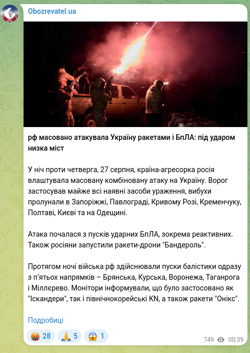 Скріншот Telegram-публікації: рф масовано атакувала Україну ракетами і БпЛА: під ударом низка міст У ніч прот…