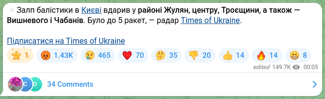Скріншот Telegram-публікації: ⏺Залп балістики в Києві вдарив у районі Жулян, центру, Троєщини, а також — Вишн…