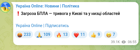 Скріншот Telegram-публікації: ❗️Загроза БПЛА — тривога у Києві та у низці областей Україна Online | Підписат…