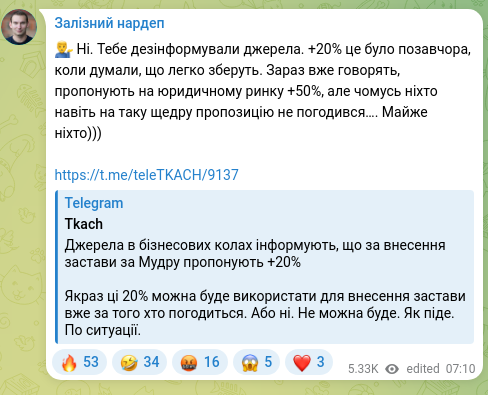 Скріншот Telegram-публікації: 💁‍♂️ Ні. Тебе дезінформували джерела. +20% це було позавчора, коли думали, що…
