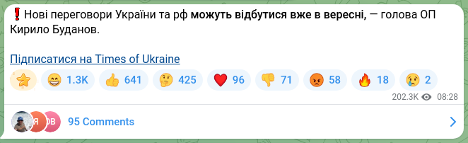 Screenshot of a Telegram post: Budanov Kyrylo Oleksiyovych — ❗️New talks between Ukraine and the RF may take place as early…