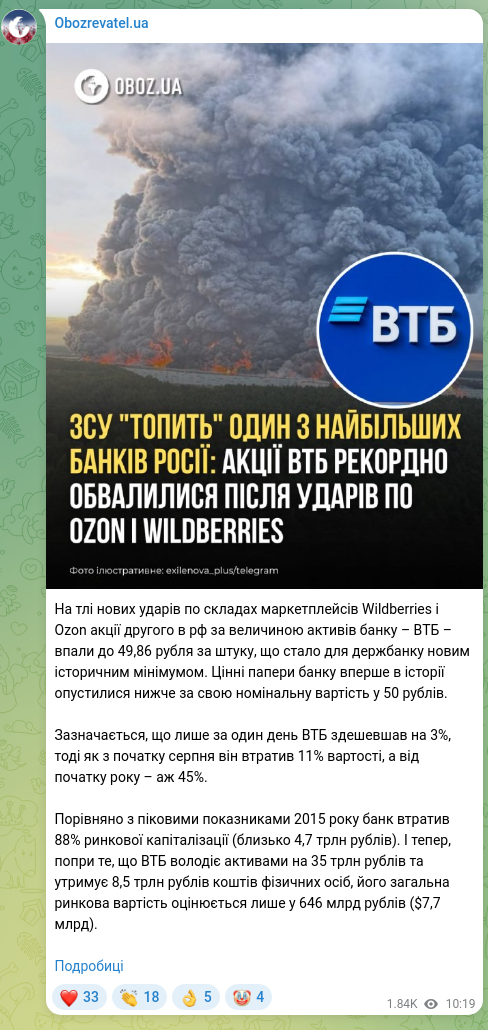 Screenshot of a Telegram post: Against the backdrop of new strikes on the warehouses of the marketplaces Wildb…