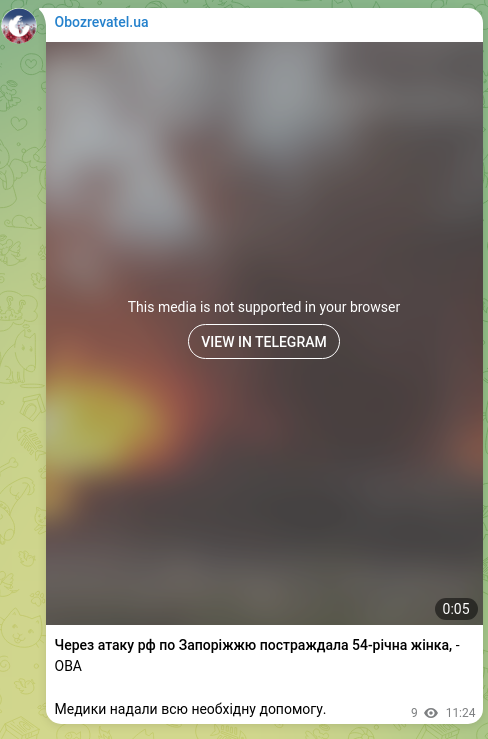 Screenshot of a Telegram post: A 54-year-old woman was injured in an RF attack on Zaporizhzhia, - OVA Medics p…