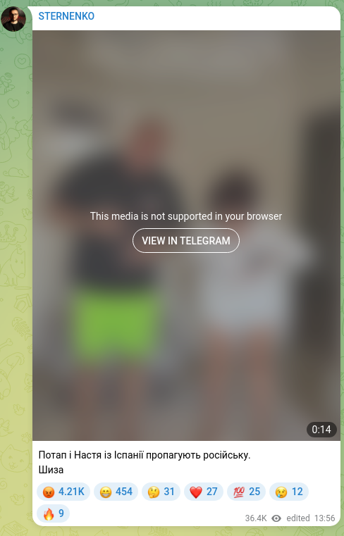Screenshot of a Telegram post: Potap and Nastya from Spain are promoting Russian. Schizo