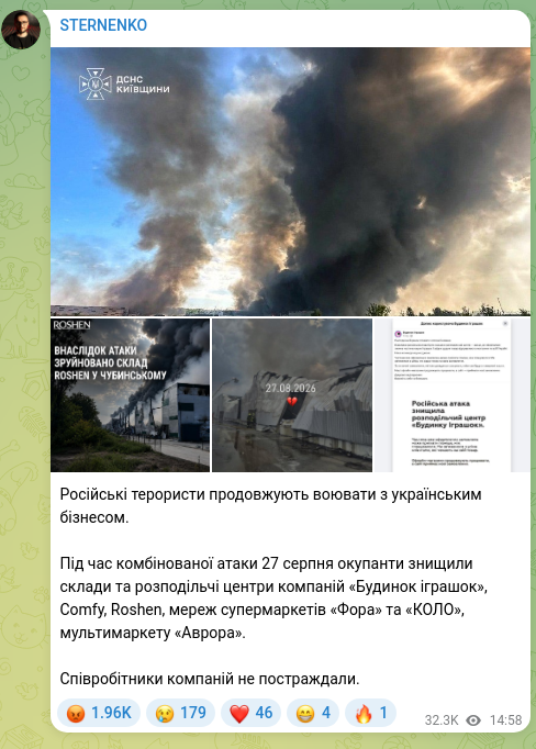 Screenshot of a Telegram post: Russian terrorists continue to wage war against Ukrainian business. During a co…