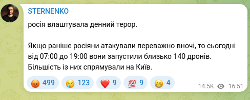 Screenshot of a Telegram post: Russia staged daytime terror. If previously the Russians attacked mostly at nig…