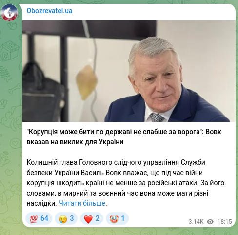 Скріншот Telegram-публікації: Вовк Василь Васильович — "Корупція може бити по державі не слабше за ворога": Вовк вказав на в…