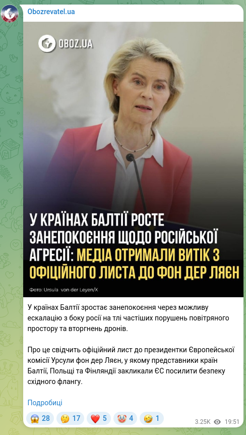 Screenshot of a Telegram post: In the Baltic countries, concern is growing about a possible escalation by Russ…