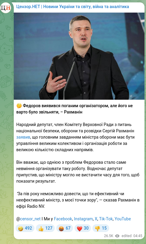 Screenshot of a Telegram post: Rakhmanin Serhii Ivanovych — 🤔 Федоров виявився поганим організатором, але його не варто бул…