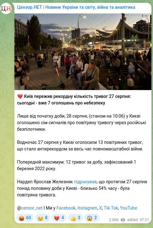 Screenshot of a Telegram post: Zheleznyak Yaroslav Ivanovych — 💔 Kyiv experienced a record number of alerts 27 August: toda…