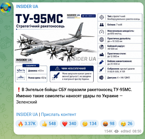 Скріншот Telegram-публікації: ❗️В Энгельсе бойцы СБУ поразили ракетоносец ТУ-95МС. Именно такие самолеты нан…