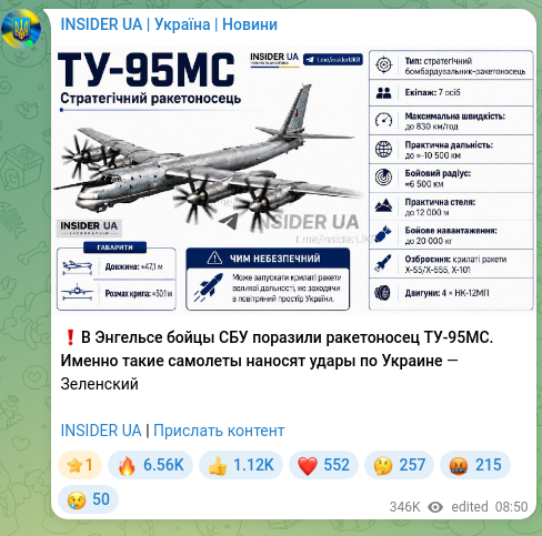 Скріншот Telegram-публікації: ❗️В Энгельсе бойцы СБУ поразили ракетоносец ТУ-95МС. Именно такие самолеты нан…