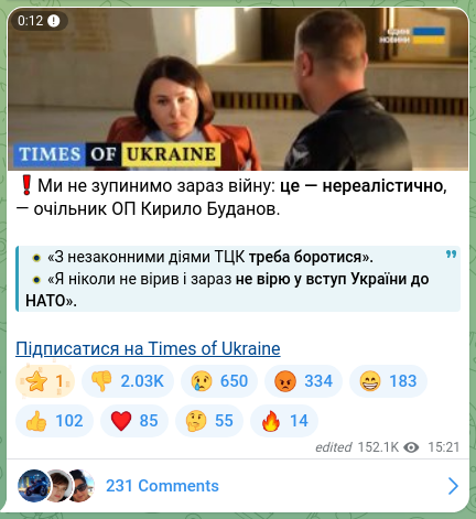 Screenshot of a Telegram post: Budanov Kyrylo Oleksiyovych — ❗️We will not stop the war now: that is unrealistic, — head of…