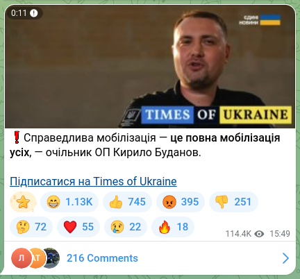 Screenshot of a Telegram post: Budanov Kyrylo Oleksiyovych — ❗️Fair mobilization means full mobilization of everyone, — hea…