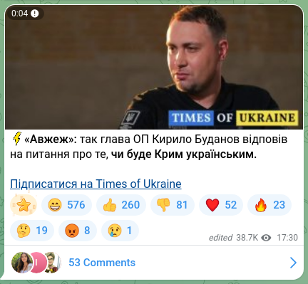 Screenshot of a Telegram post: Budanov Kyrylo Oleksiyovych — ⚡️“Of course”: that's how Head of the Office of the President…
