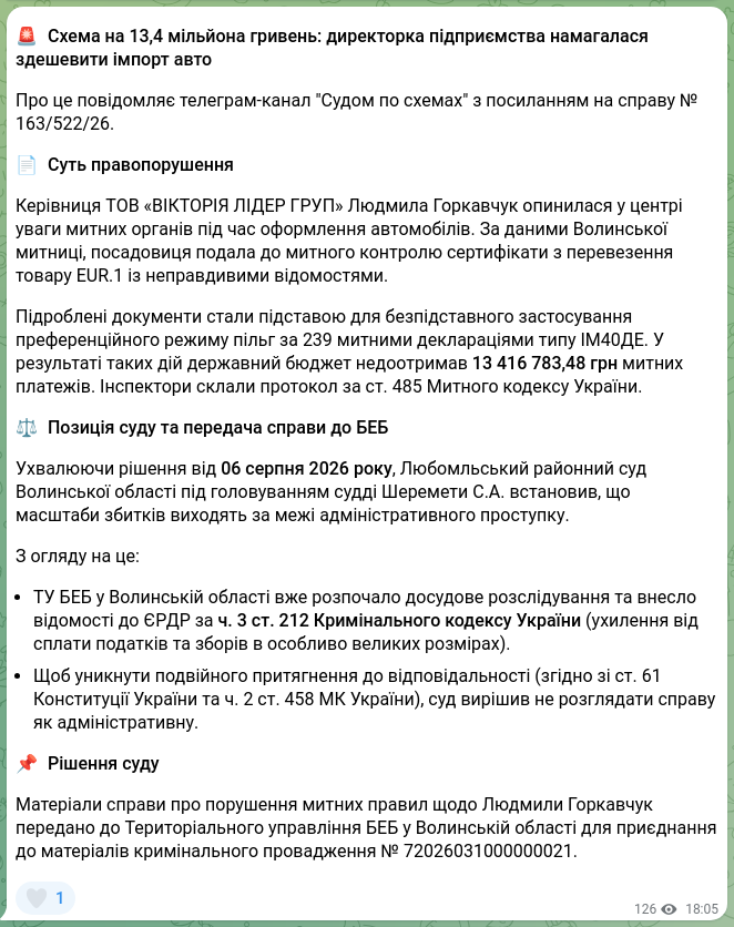 Screenshot of a Telegram post: Horkavchuk Lyudmyla Andriivna — 🚨 Схема на 13,4 мільйона гривень: директорка підприємства на…