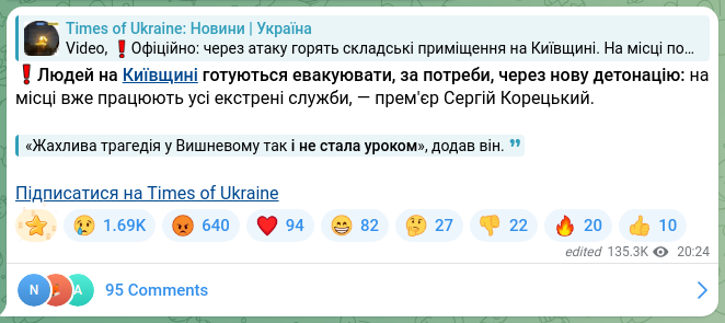 Screenshot of a Telegram post: Koretskyi Serhiy Fedorovych — ❗️People in the Kyiv region are being prepared for evacuation,…