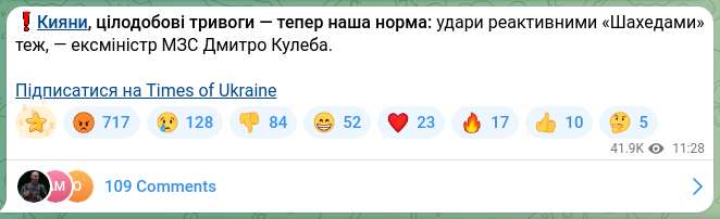 Screenshot of a Telegram post: Kuleba Dmytro Ivanovych — ❗️Kyiv residents, round-the-clock alarms are now our norm: strikes…