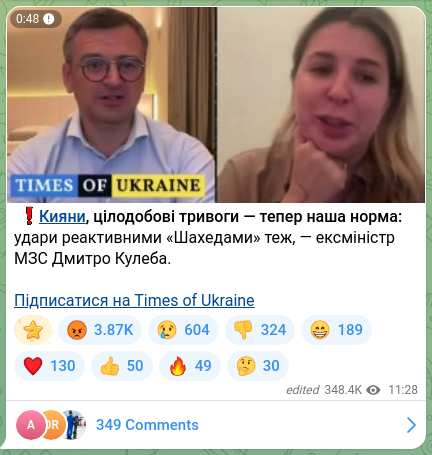 Screenshot of a Telegram post: Kuleba Dmytro Ivanovych — ❗️Кияни, цілодобові тривоги — тепер наша норма: удари реактивними…