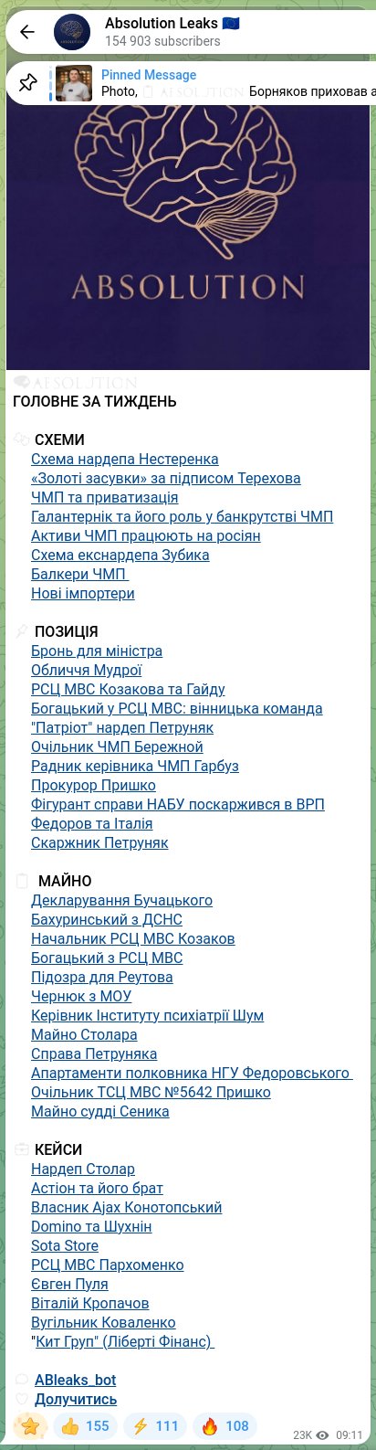 Screenshot of a Telegram post: Kropachov Vitalii Valeriiovych — 🧠🧡🧡🧡🧡🧡🧡 MAIN NEWS OF THE WEEK 🧩 SCHEMES 🔸Scheme of…