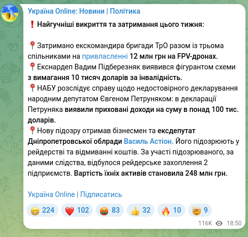 Скріншот Telegram-публікації: Астіон Василь Миколайович — ❗️Найгучніші викриття та затримання цього тижня: 📍Затримано екск…