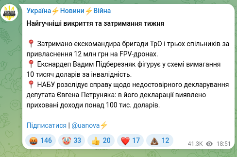 Скріншот Telegram-публікації: Петруняк Євген Васильович — Найгучніші викриття та затримання тижня 📍 Затримано екскомандира…