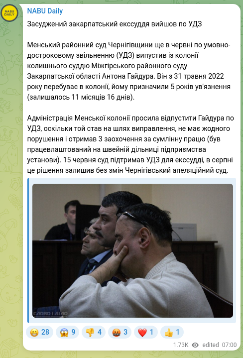 Screenshot of a Telegram post: Засуджений закарпатський екссуддя вийшов по УДЗ Менський районний суд Чернігівщ…