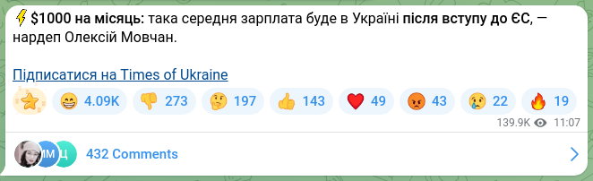 Скріншот Telegram-публікації: ⚡️$1000 на місяць: така середня зарплата буде в Україні після вступу до ЄС, —…