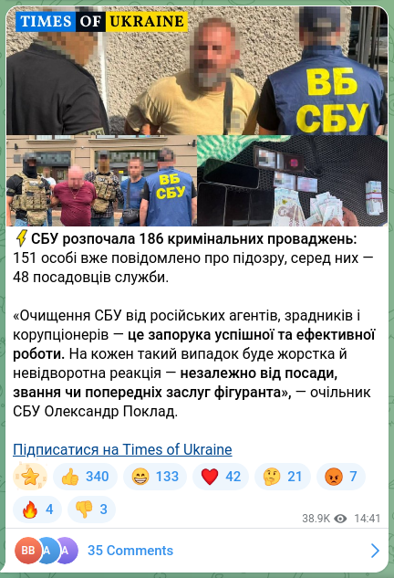 Скріншот Telegram-публікації: Поклад Олександр Валентинович — ⚡️СБУ розпочала 186 кримінальних проваджень: 151 особі вже по…
