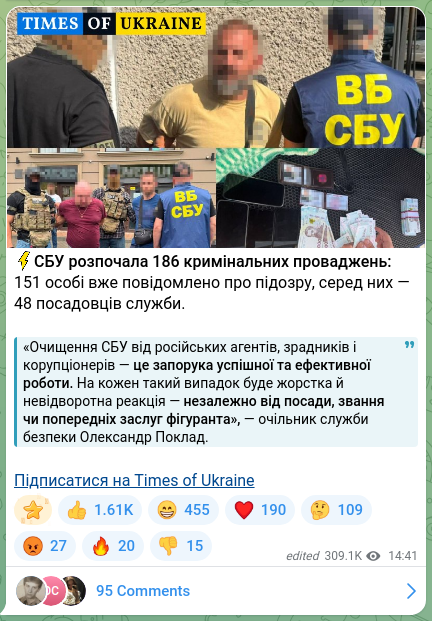 Скріншот Telegram-публікації: Поклад Олександр Валентинович — ⚡️СБУ розпочала 186 кримінальних проваджень: 151 особі вже по…