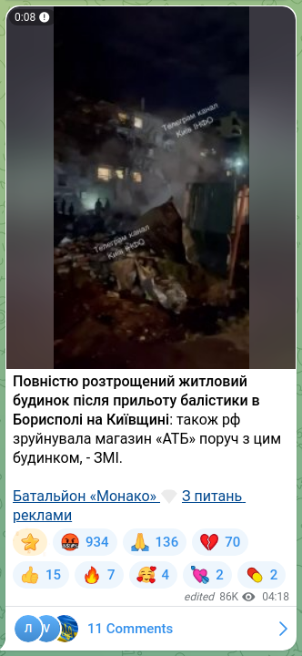 Screenshot of a Telegram post: Повністю розтрощений житловий будинок після прильоту балістики в Борисполі на К…
