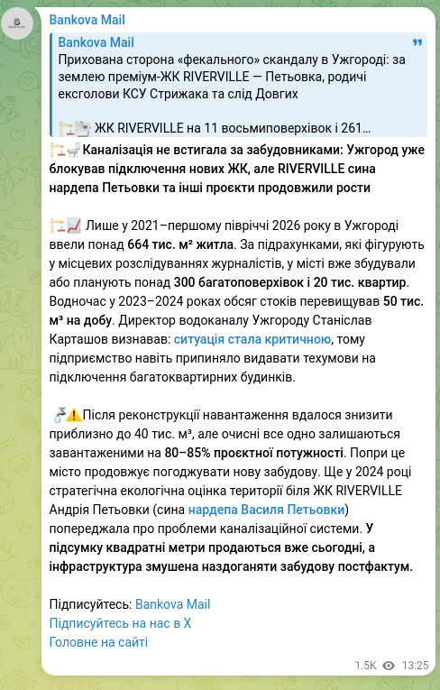 Скріншот Telegram-публікації: Петьовка Василь Васильович — 🏗🚽Каналізація не встигала за забудовниками: Ужгород уже блокував…