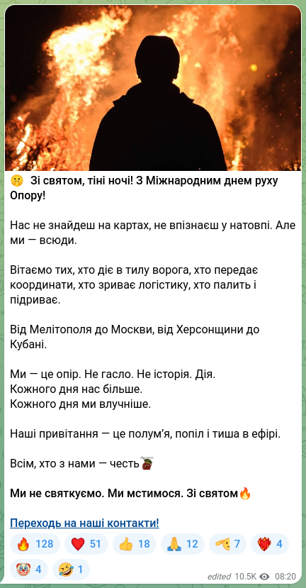 Скріншот Telegram-публікації: 🤫 Зі святом, тіні ночі! З Міжнародним днем руху Опору! Нас не знайдеш на карта…